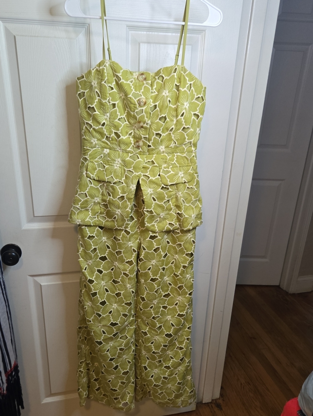 Just Me Lime Green Floral Lace Peplum Jumpsuit